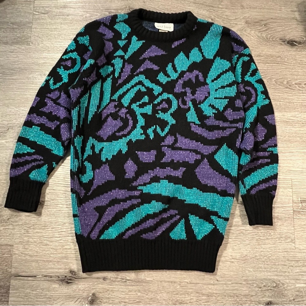 Vintage 80s Abstract Geometric Print Knit Sweater Purple Teal Retro Small Ski